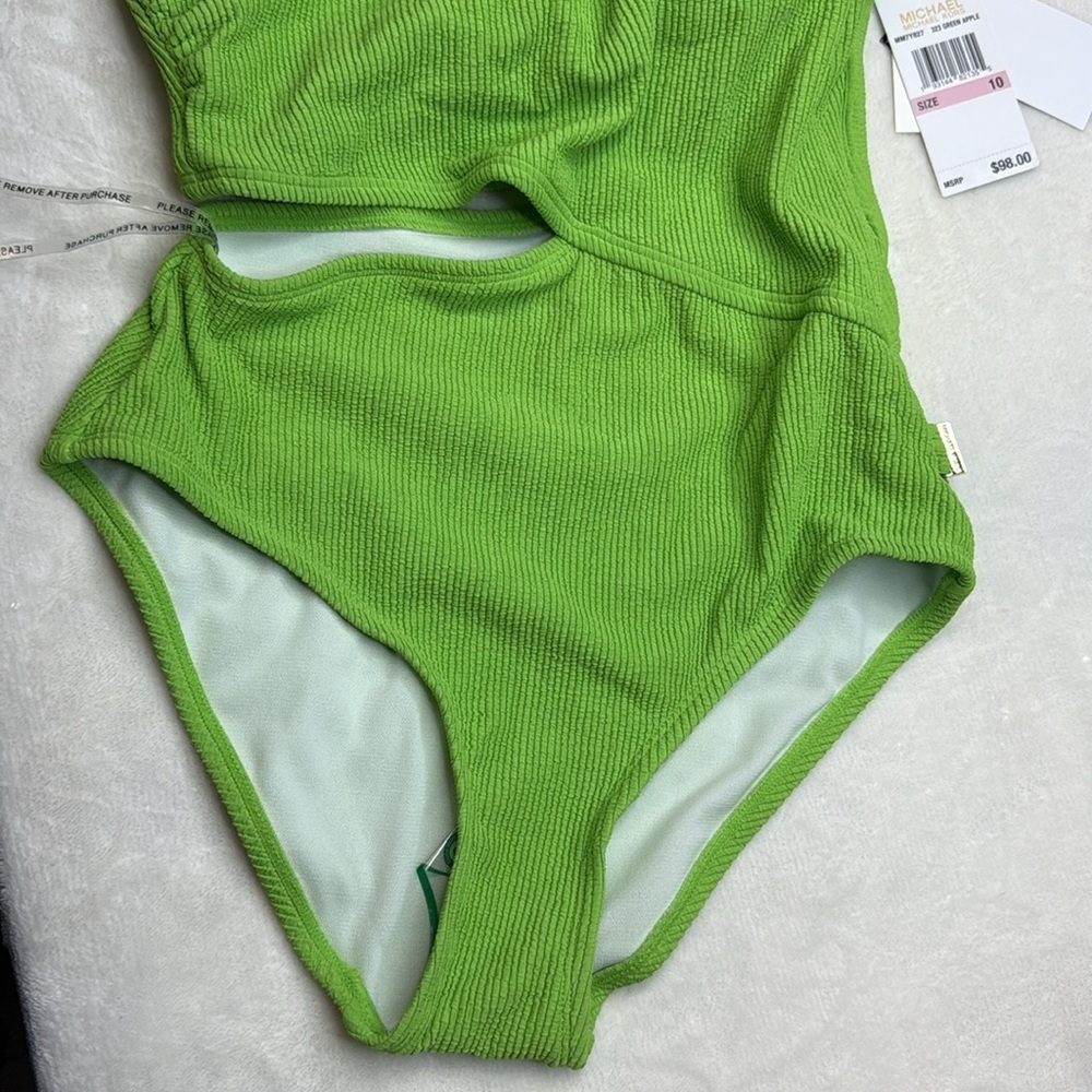 Michael Kors One Piece Cut Out One-Shoulder Lime Green Swimsuit- Size 4- NWT - Picture 4 of 8